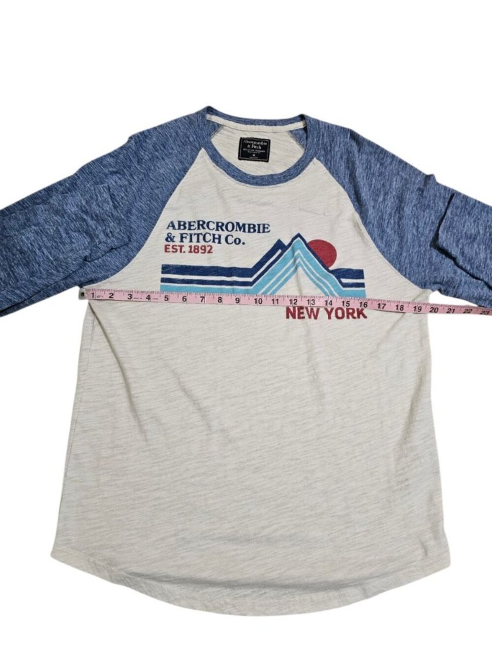 Abercrombie & Fitch Mens Medium Raglan Cream Blue Slub Graphic Tee Archival Prep - Picture 6 of 6